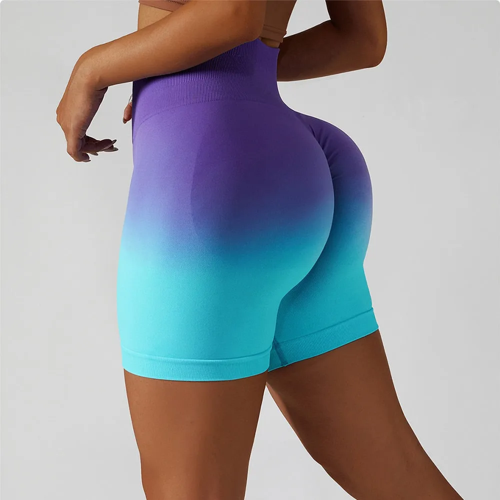 Gradient Seamless Yoga Shorts Gym Running Workout Tight Sports Shorts High Waist Elastic Butt Lifting Fitness Pants Shorts