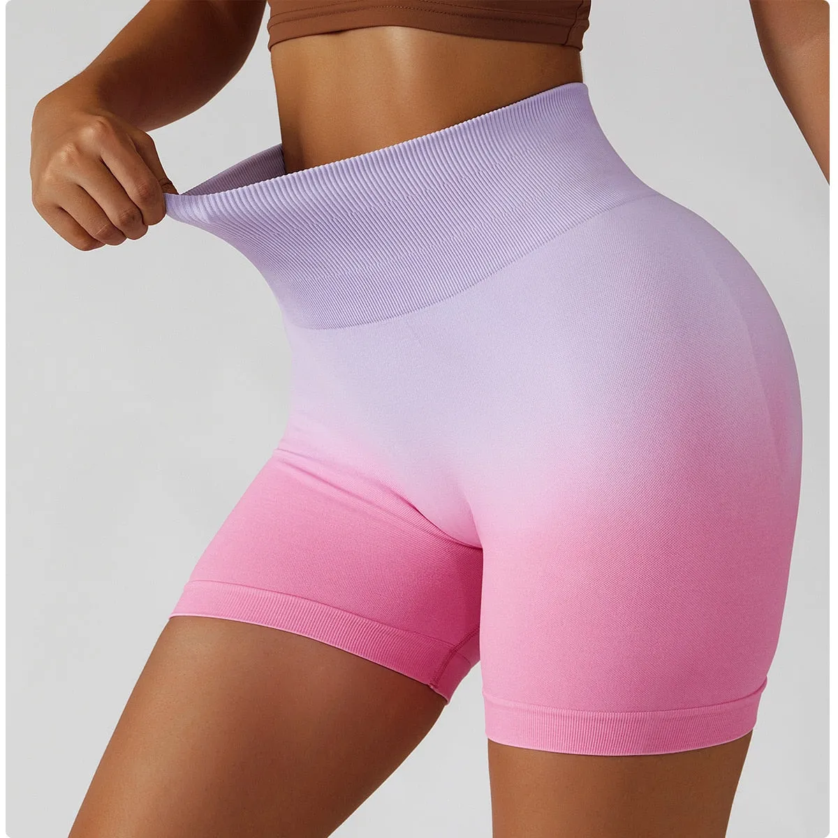 Gradient Seamless Yoga Shorts Gym Running Workout Tight Sports Shorts High Waist Elastic Butt Lifting Fitness Pants Shorts