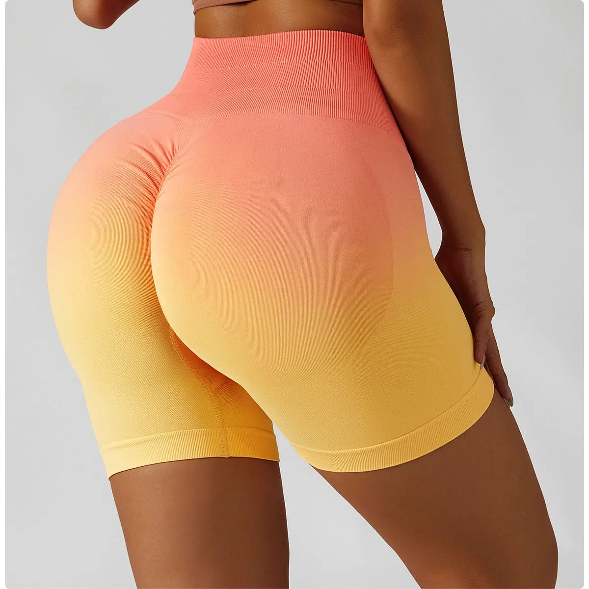 Gradient Seamless Yoga Shorts Gym Running Workout Tight Sports Shorts High Waist Elastic Butt Lifting Fitness Pants Shorts