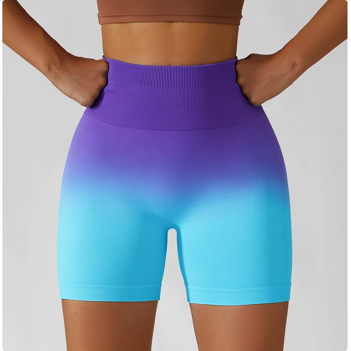 Gradient Seamless Yoga Shorts Gym Running Workout Tight Sports Shorts High Waist Elastic Butt Lifting Fitness Pants Shorts