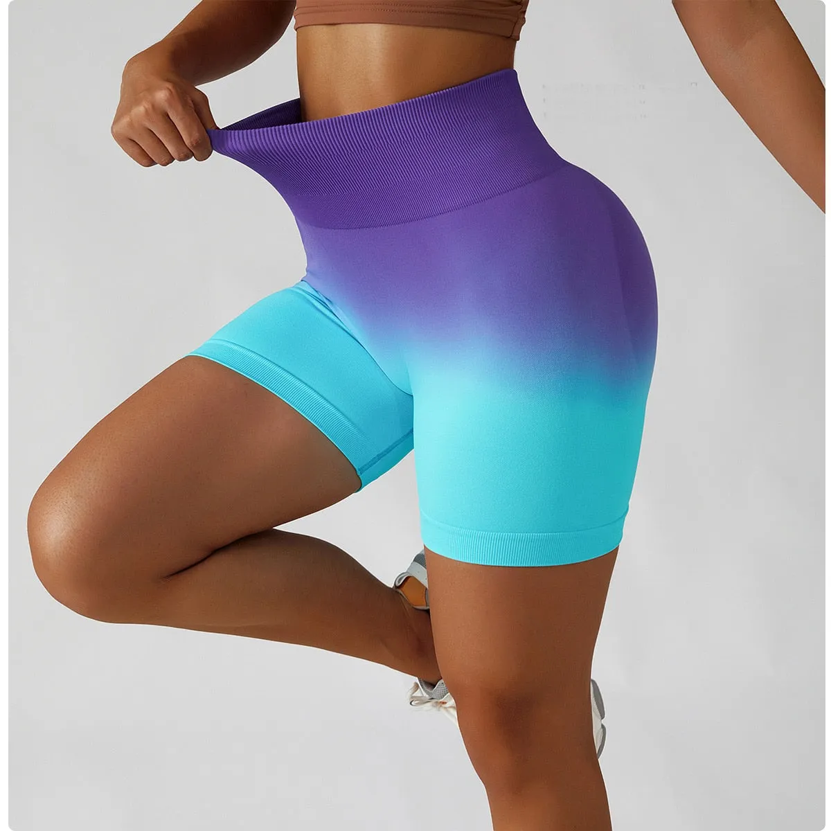 Gradient Seamless Yoga Shorts Gym Running Workout Tight Sports Shorts High Waist Elastic Butt Lifting Fitness Pants Shorts