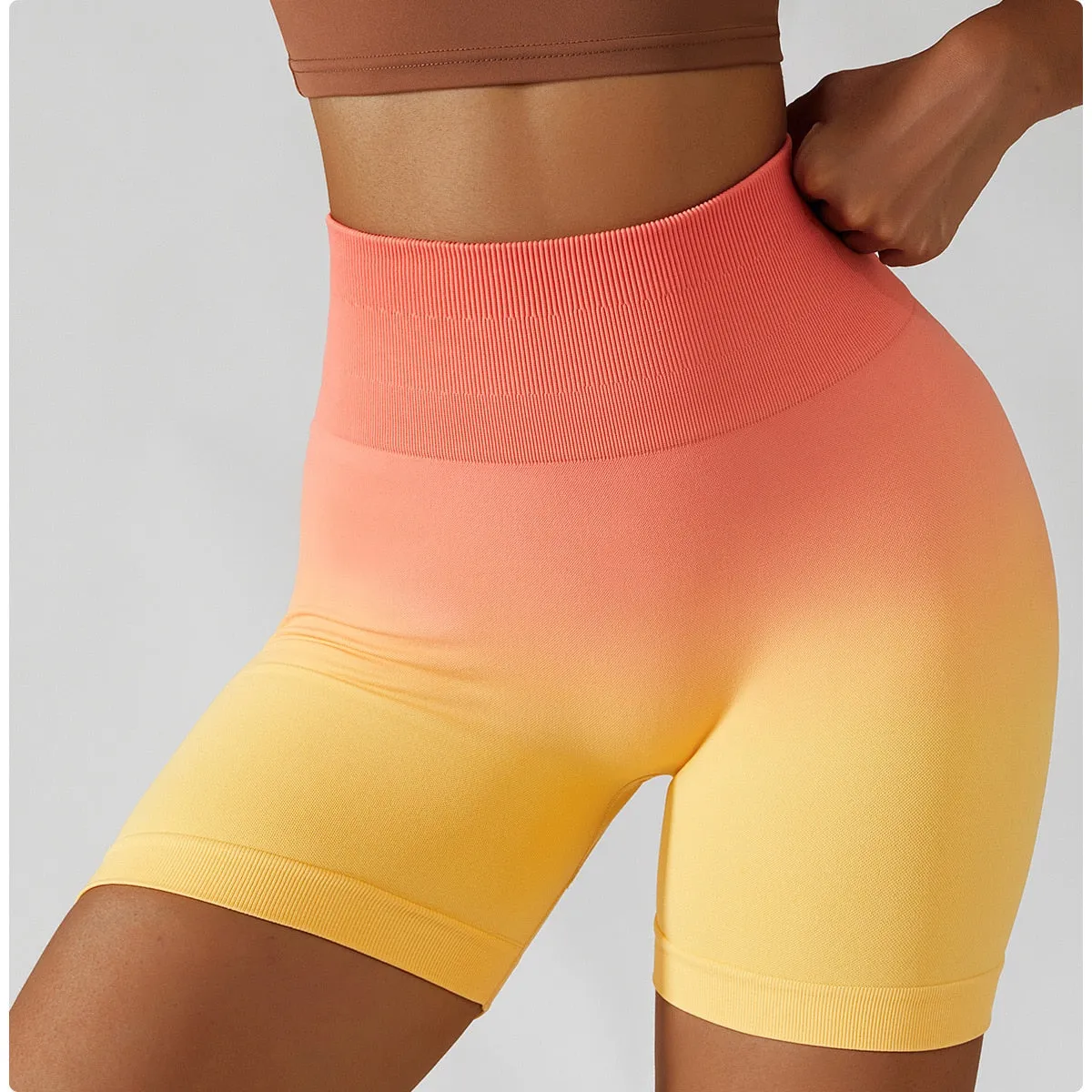 Gradient Seamless Yoga Shorts Gym Running Workout Tight Sports Shorts High Waist Elastic Butt Lifting Fitness Pants Shorts