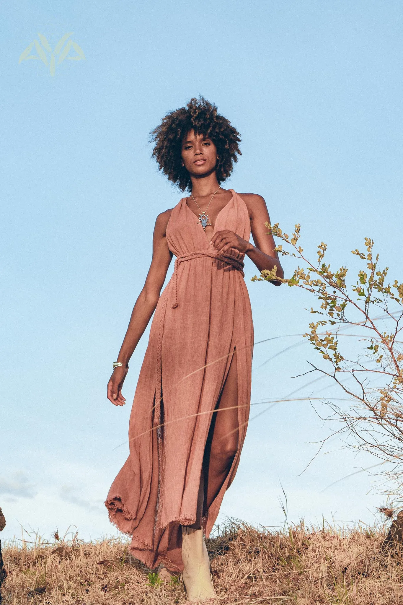 Greek Goddess Dress • Rose Gold Long Maxi Belted Dress