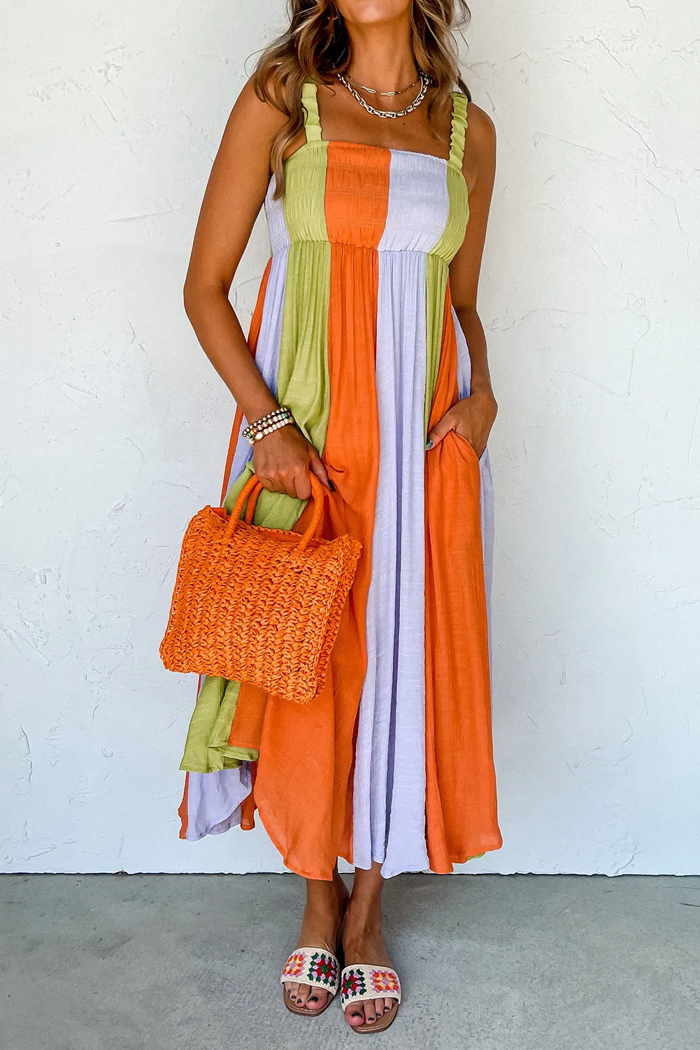 Green Color Block Shirred High Waist Pleated Maxi Dress