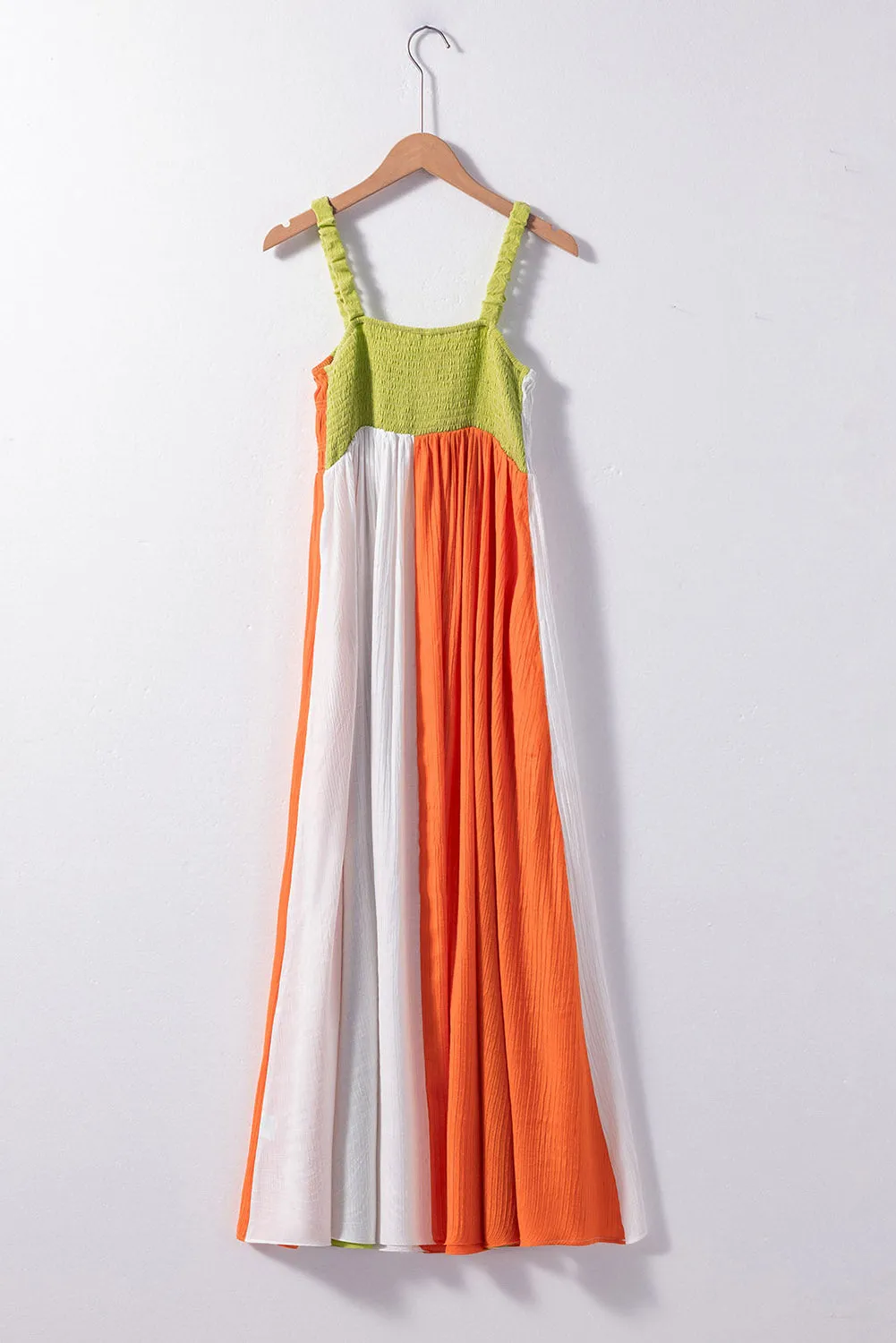 Green Color Block Shirred High Waist Pleated Maxi Dress