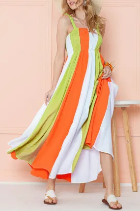 Green Color Block Shirred High Waist Pleated Maxi Dress