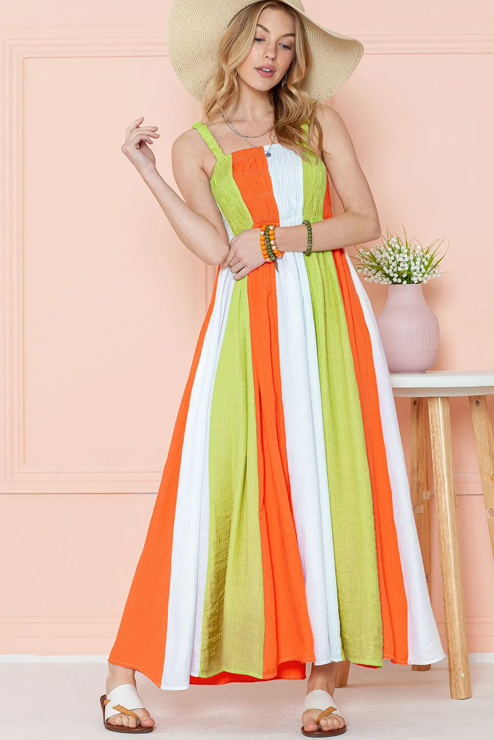 Green Color Block Shirred High Waist Pleated Maxi Dress