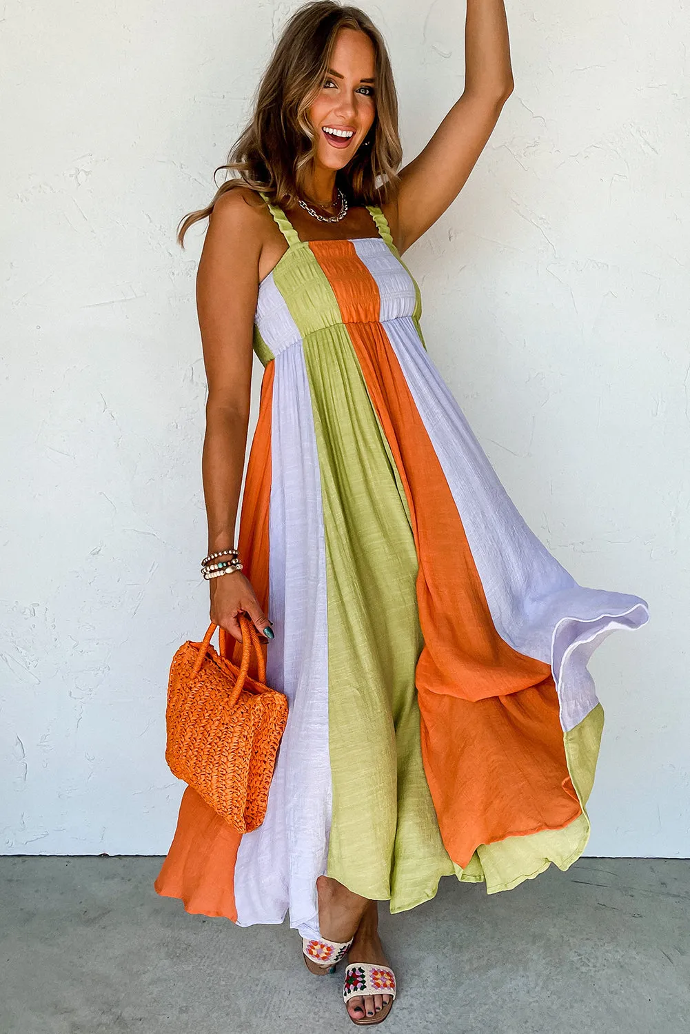 Green Color Block Shirred High Waist Pleated Maxi Dress