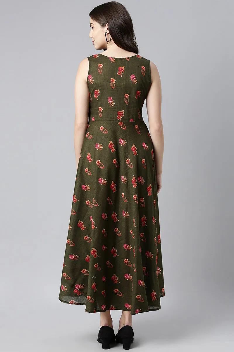 Green Pure Cotton Floral Sleeveless Maxi Dress