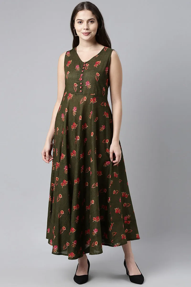 Green Pure Cotton Floral Sleeveless Maxi Dress