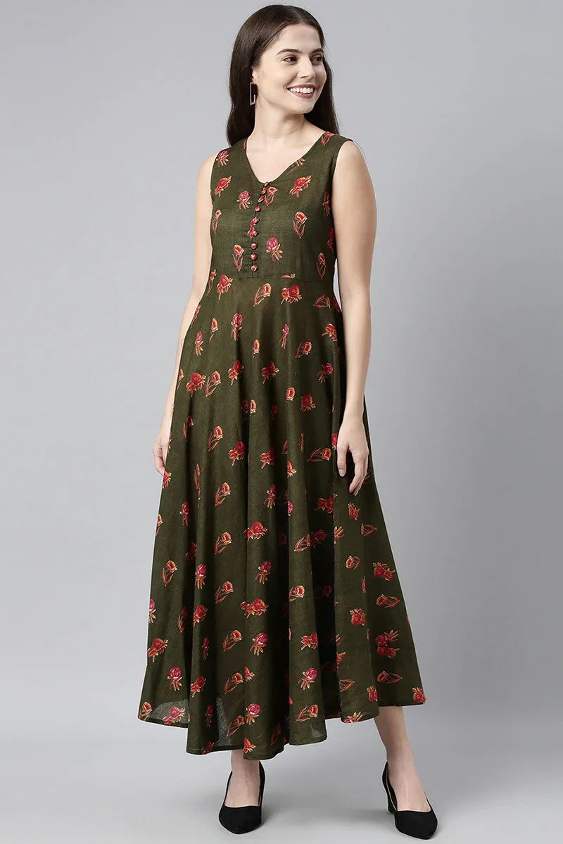 Green Pure Cotton Floral Sleeveless Maxi Dress