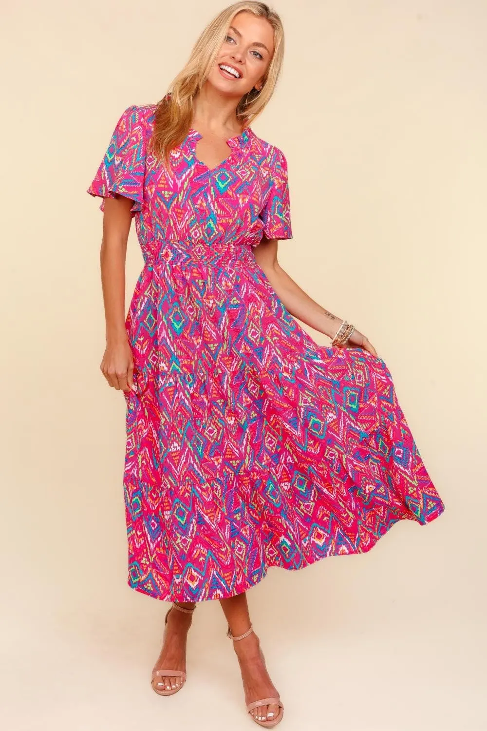 Haptics Abstract Print Smocked Waist Dress with Pockets