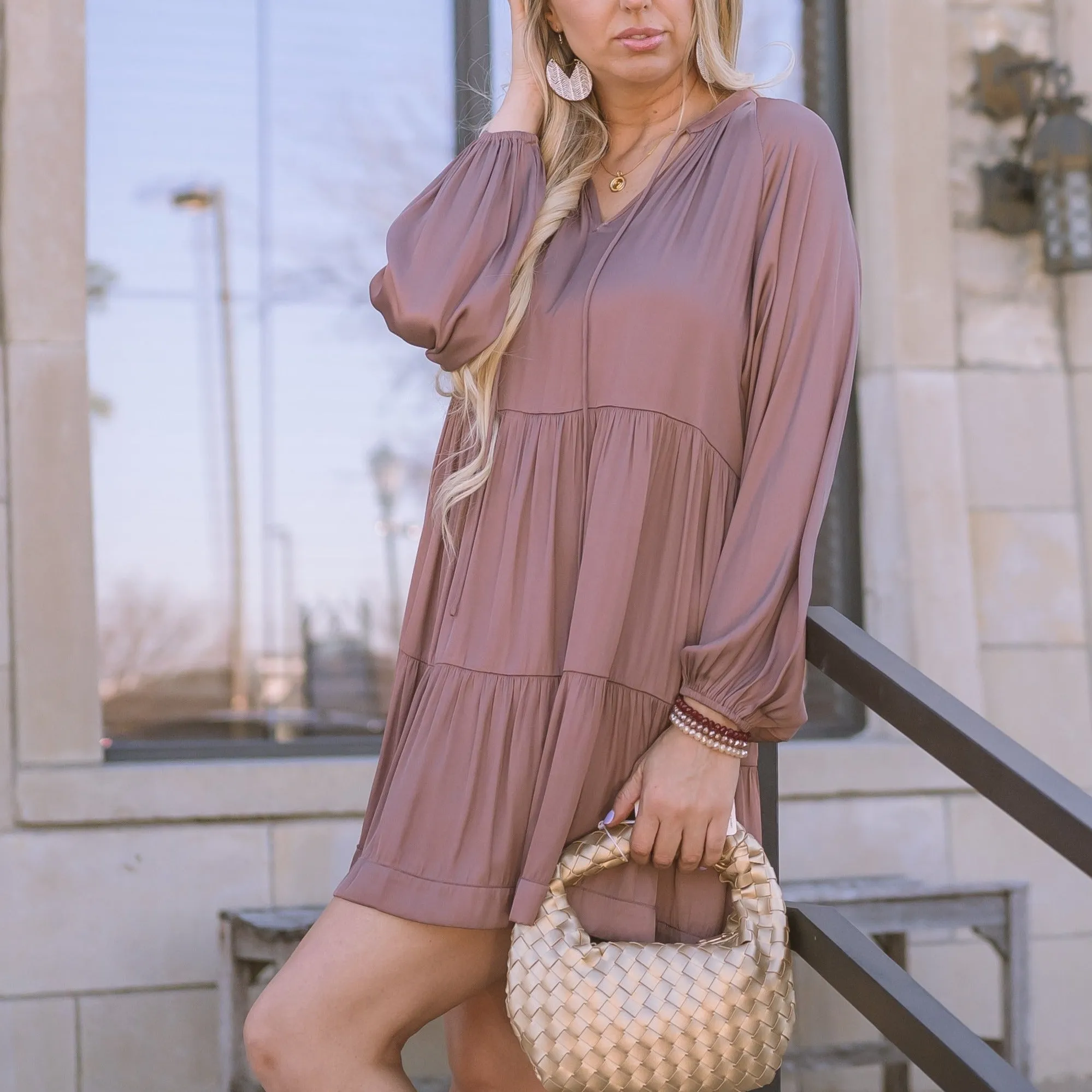 Heather Mauve Long Sleeve Satin Dress