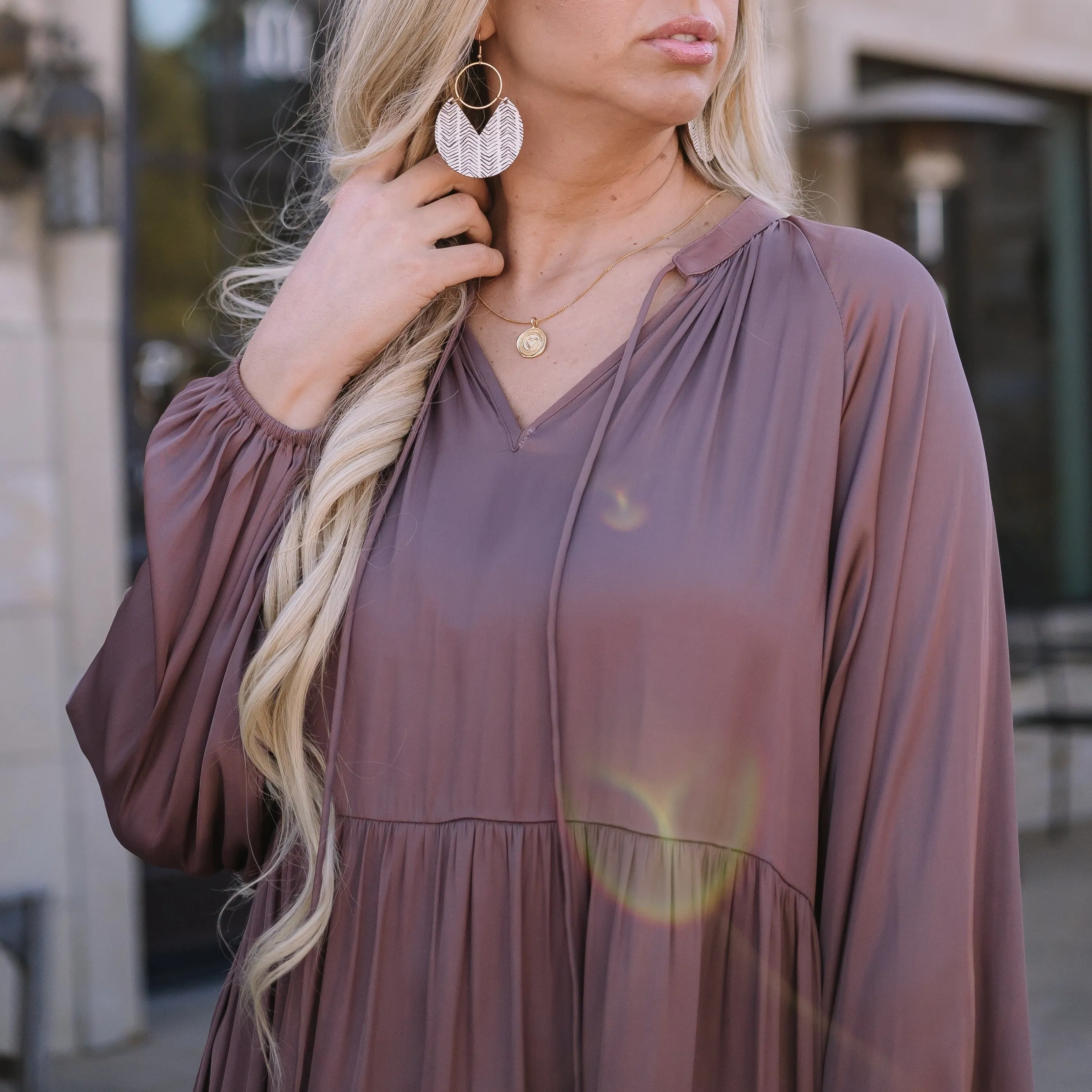 Heather Mauve Long Sleeve Satin Dress