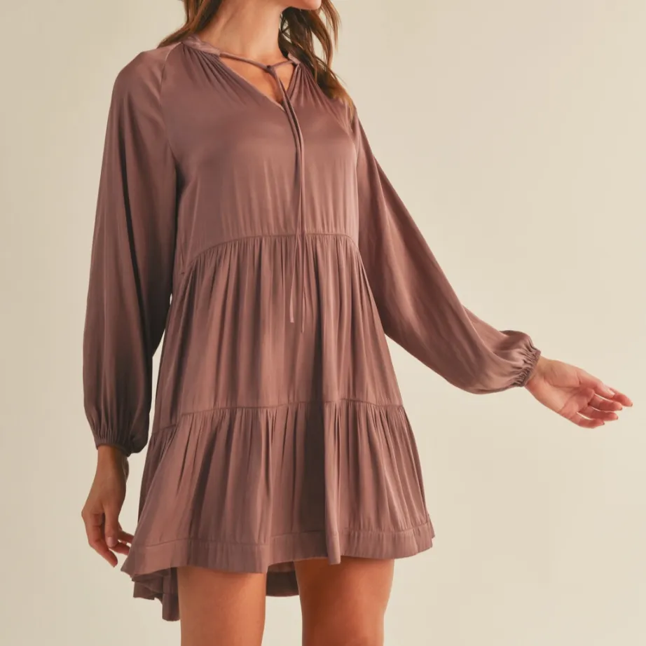 Heather Mauve Long Sleeve Satin Dress