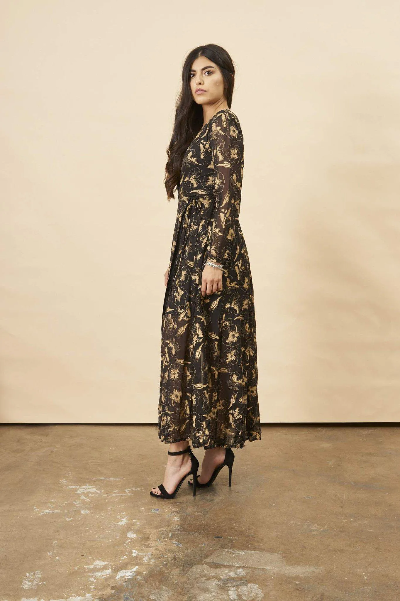 Hibiscus Flower Empress Maxi in Black   Gold