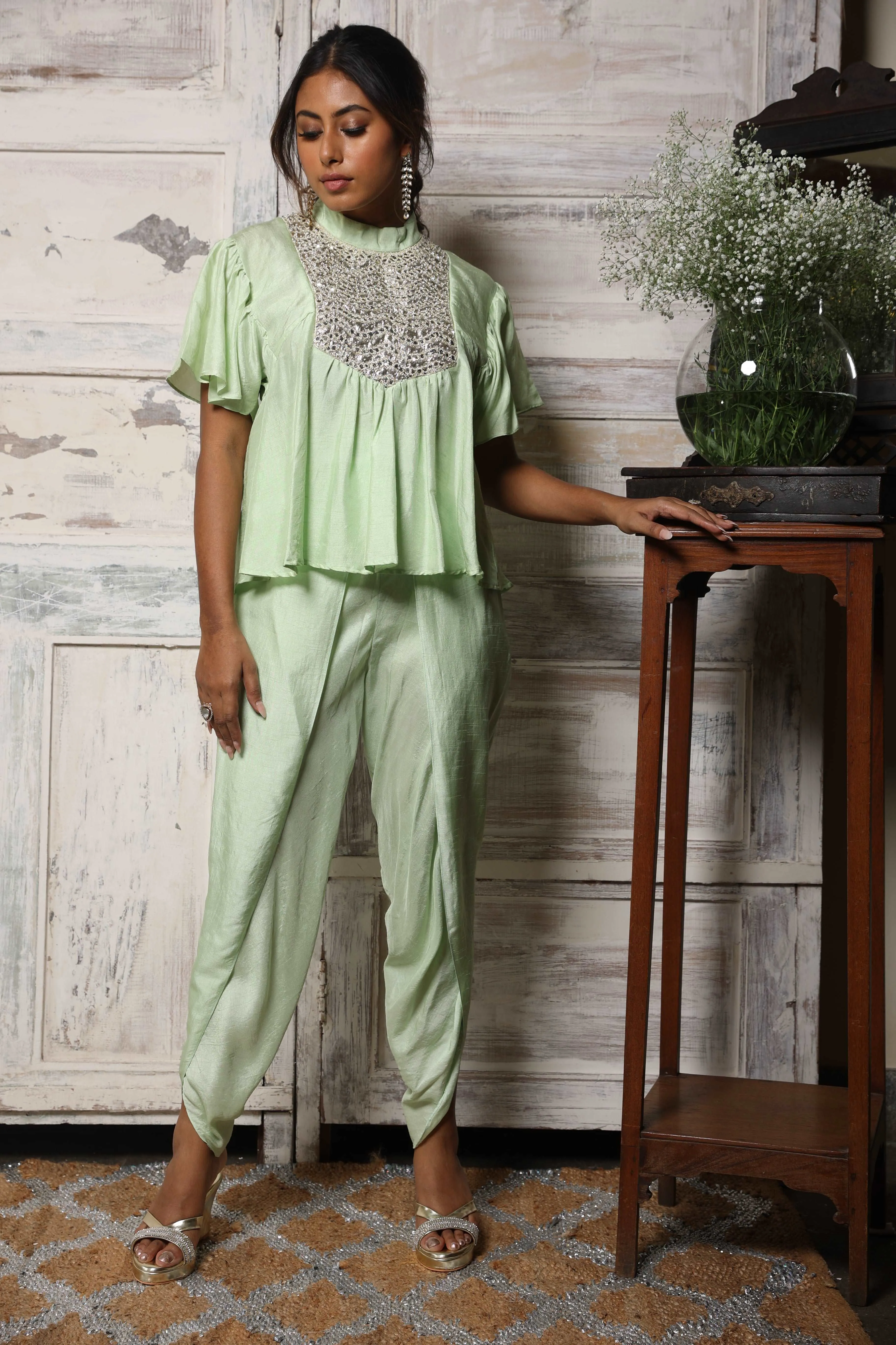 High neck Flutter sleeve top with overlap pants