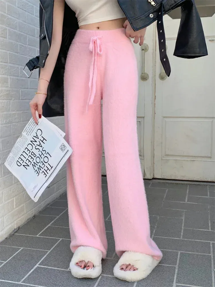 High Waist Wide Leg Satin Casual Ice Silk Straight Elastic Drawstring Slim Pants