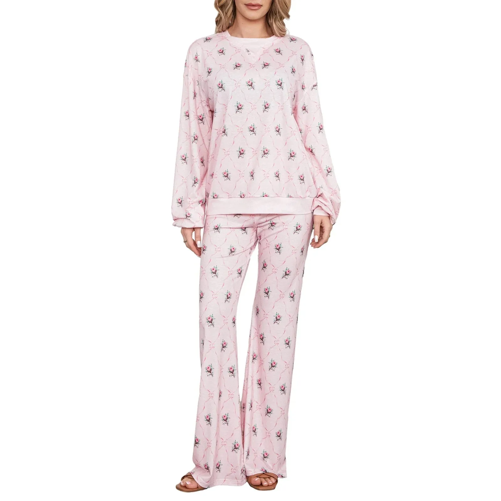 Home Loose Top With Long Pants Sleepwear Printed Pajamas