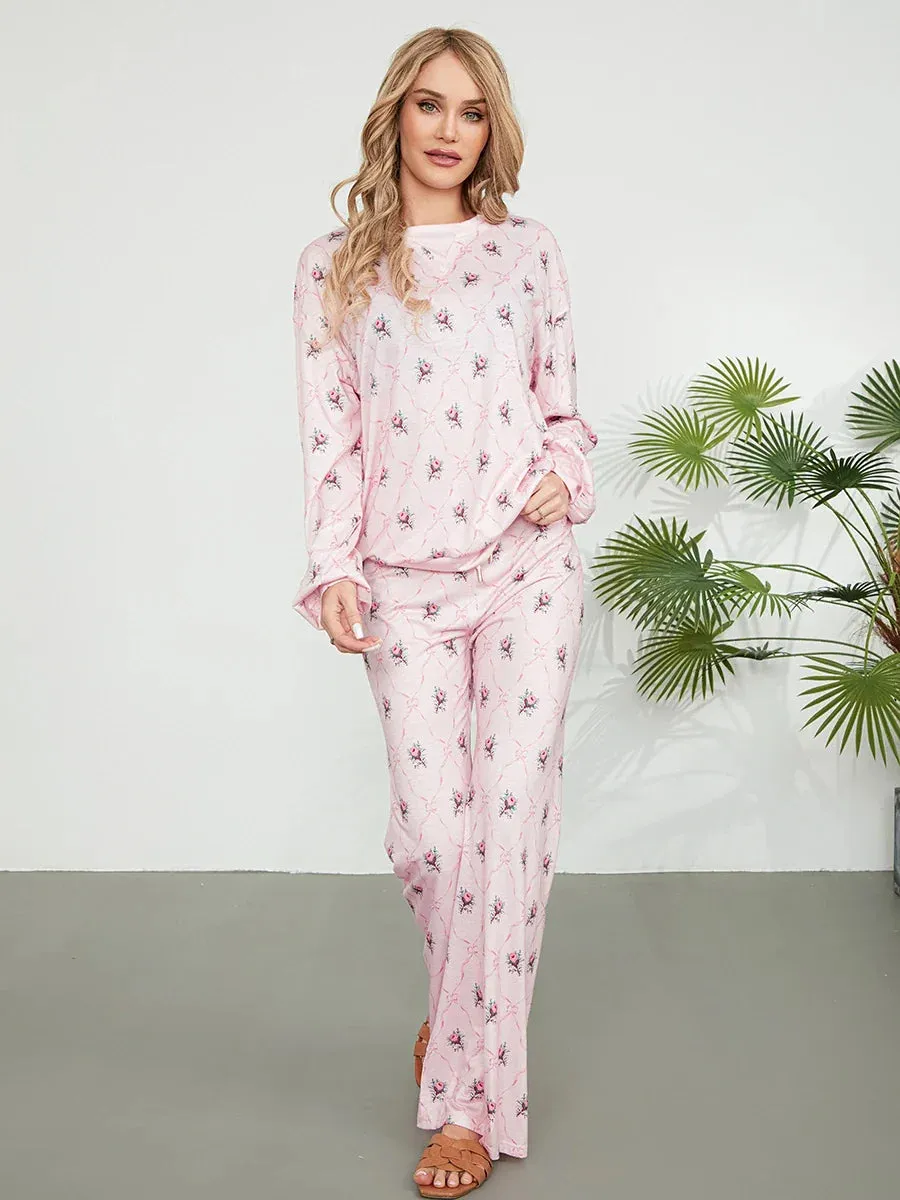 Home Loose Top With Long Pants Sleepwear Printed Pajamas