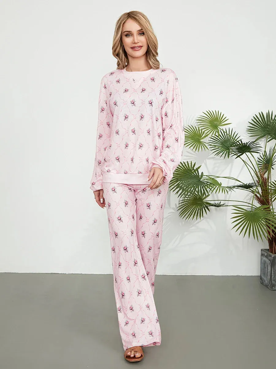 Home Loose Top With Long Pants Sleepwear Printed Pajamas