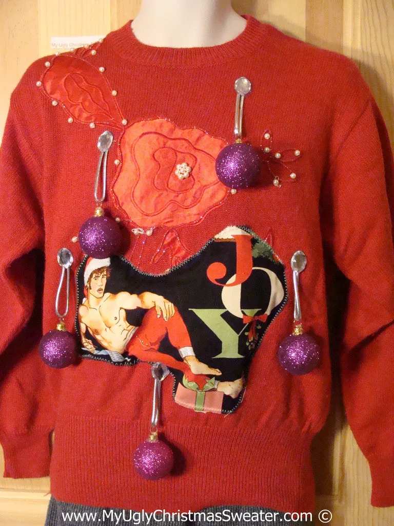 Hottie Guy Tacky Ugly Christmas Sweater Padded Shoulders and 3D Ornaments (b63)