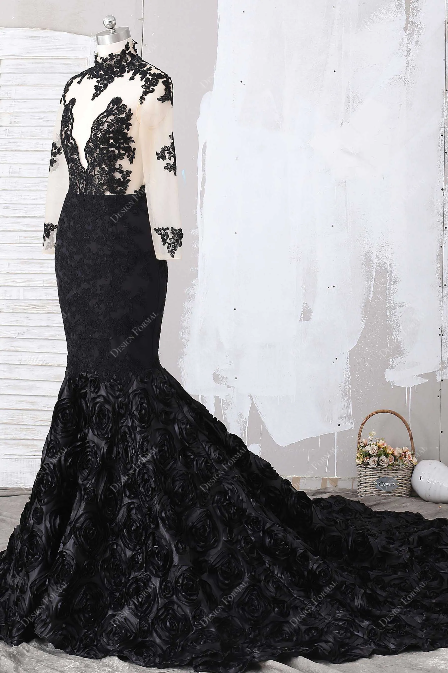 Illusion Black Lace Mermaid Dramatic 3D Roses Long Train Prom Dress