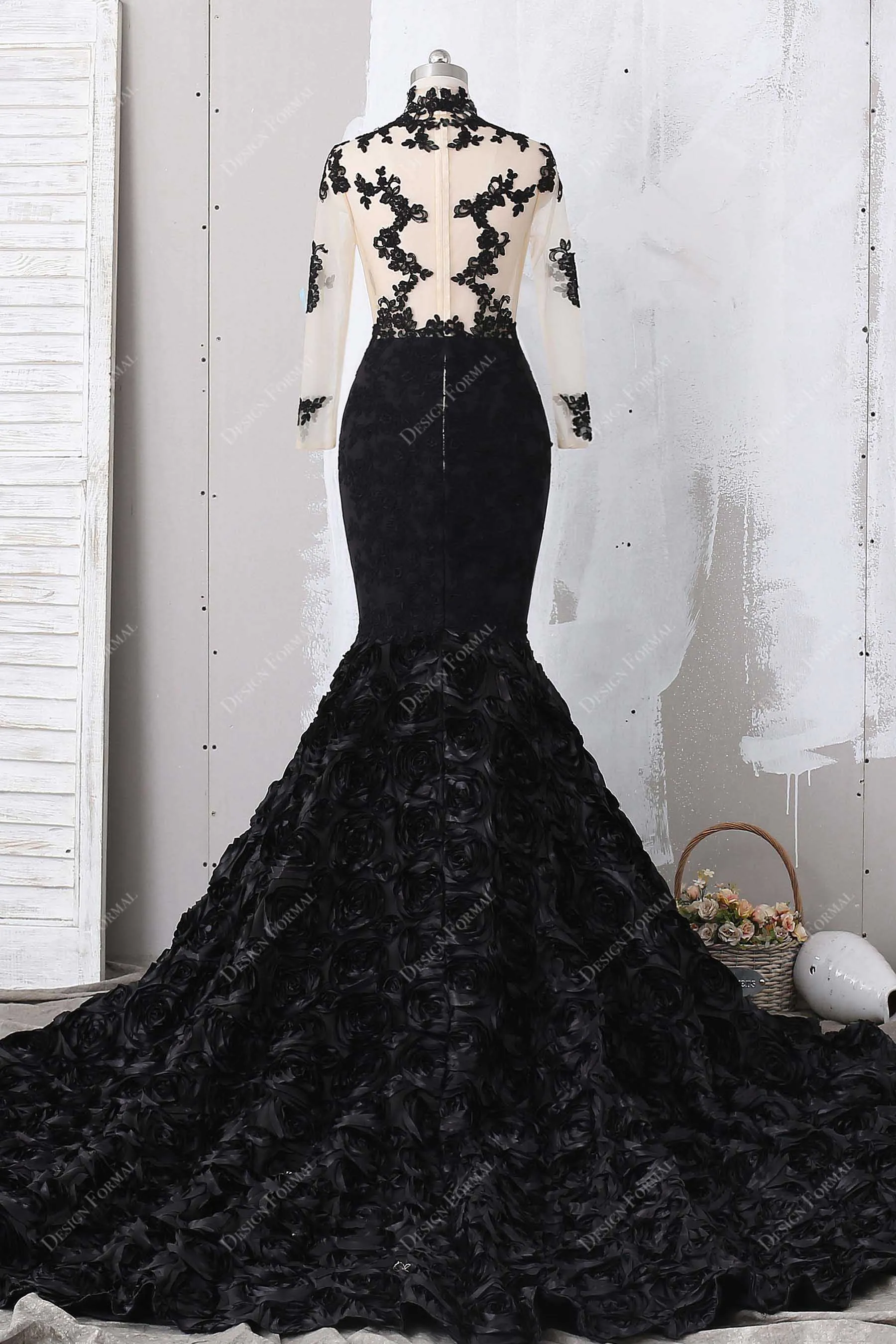 Illusion Black Lace Mermaid Dramatic 3D Roses Long Train Prom Dress