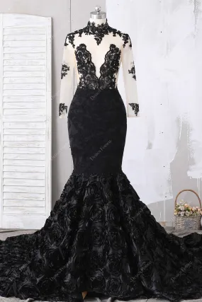 Illusion Black Lace Mermaid Dramatic 3D Roses Long Train Prom Dress