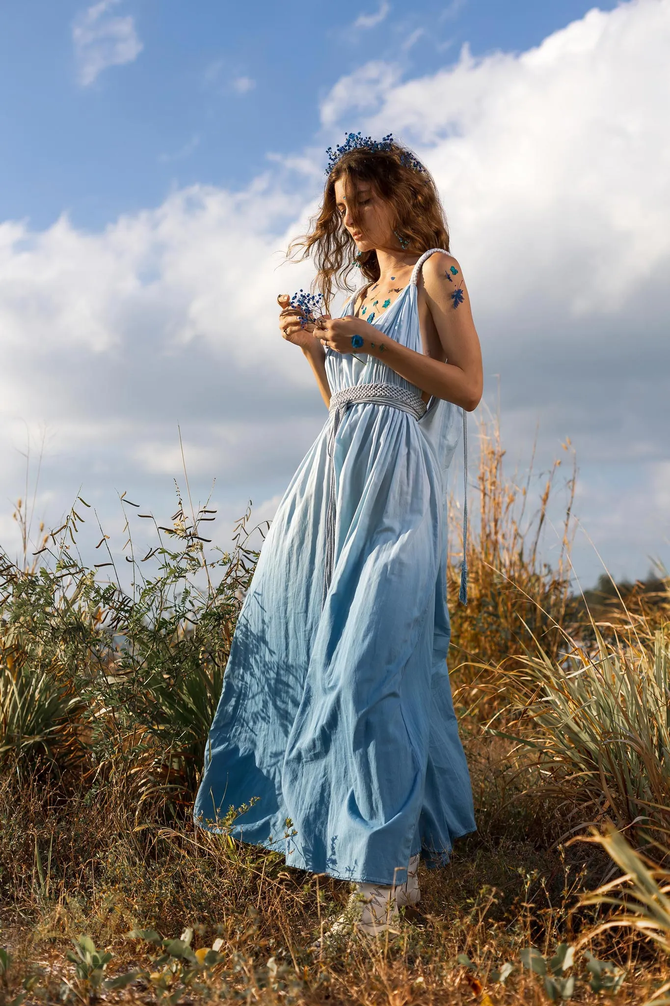 Indigo Blue Botanically Dyed Handmade Macrame Belted Boho Dress