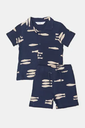 Infant Boys Navy Seersucker Shirt And Short Set (2 Piece)