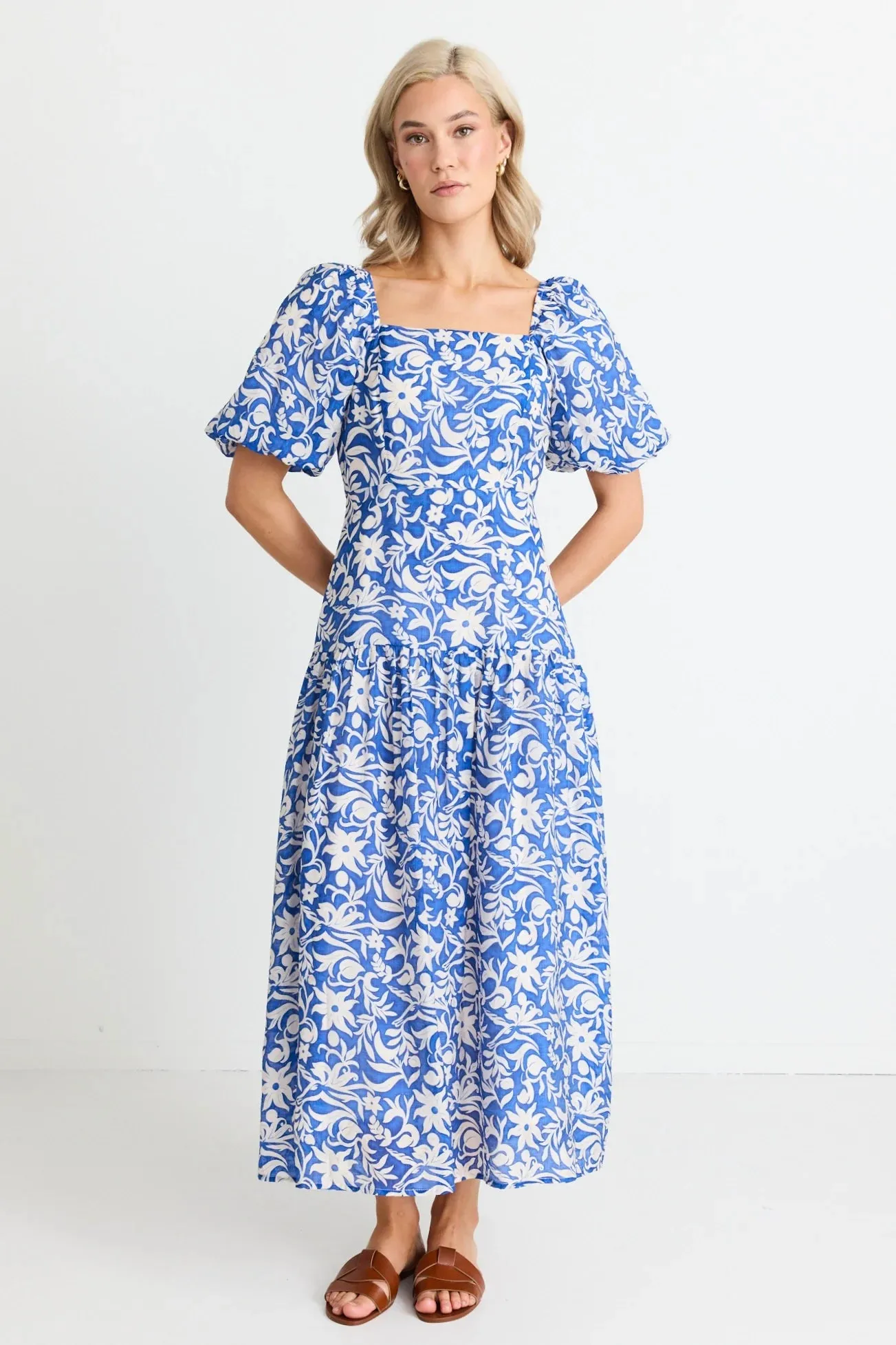 Ivy and Jack Tranquillity Blue Batik Tiered Midi Dress