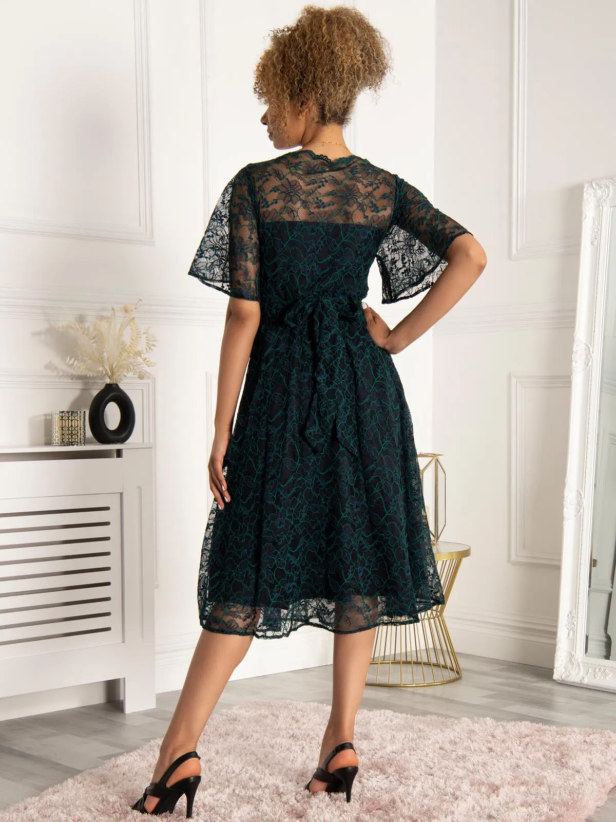 Jolie Moi Flare Sleeved Lace Midi Dress Navy