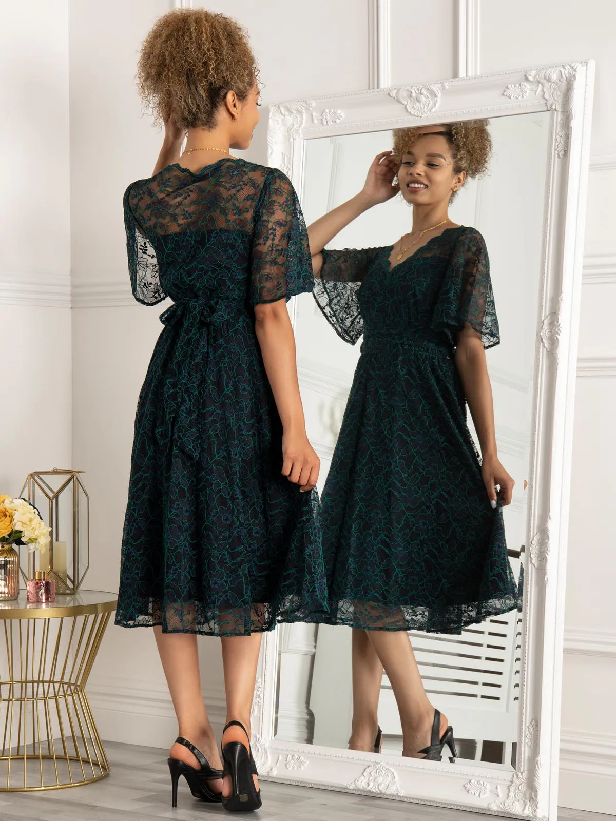 Jolie Moi Flare Sleeved Lace Midi Dress Navy