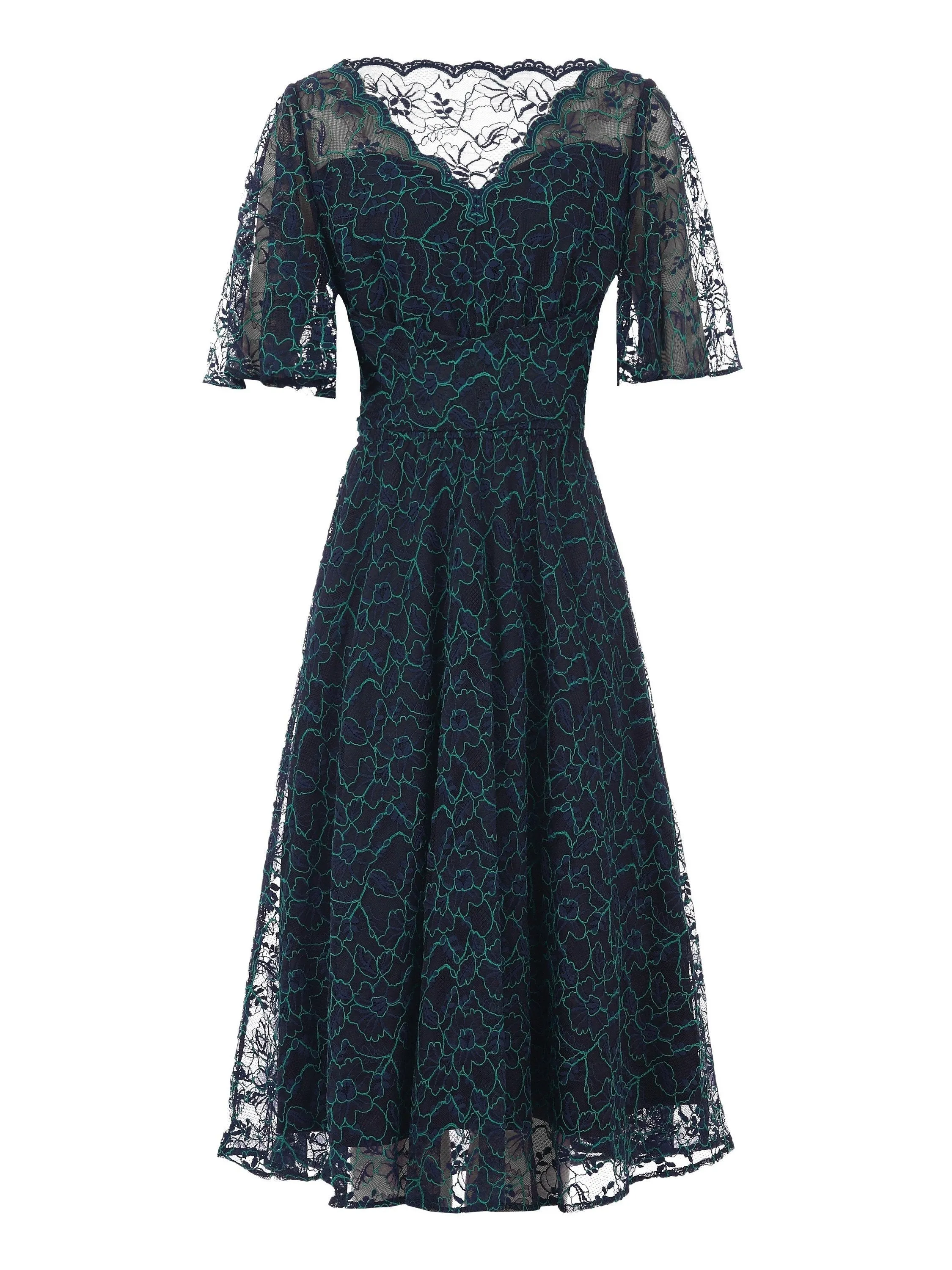 Jolie Moi Flare Sleeved Lace Midi Dress Navy