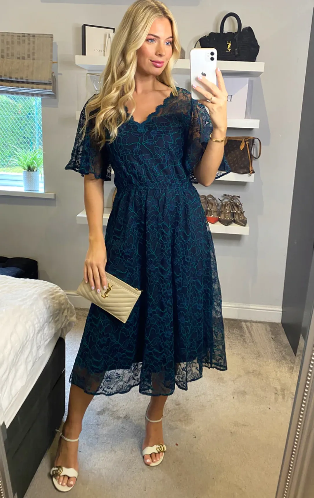 Jolie Moi Flare Sleeved Lace Midi Dress Navy