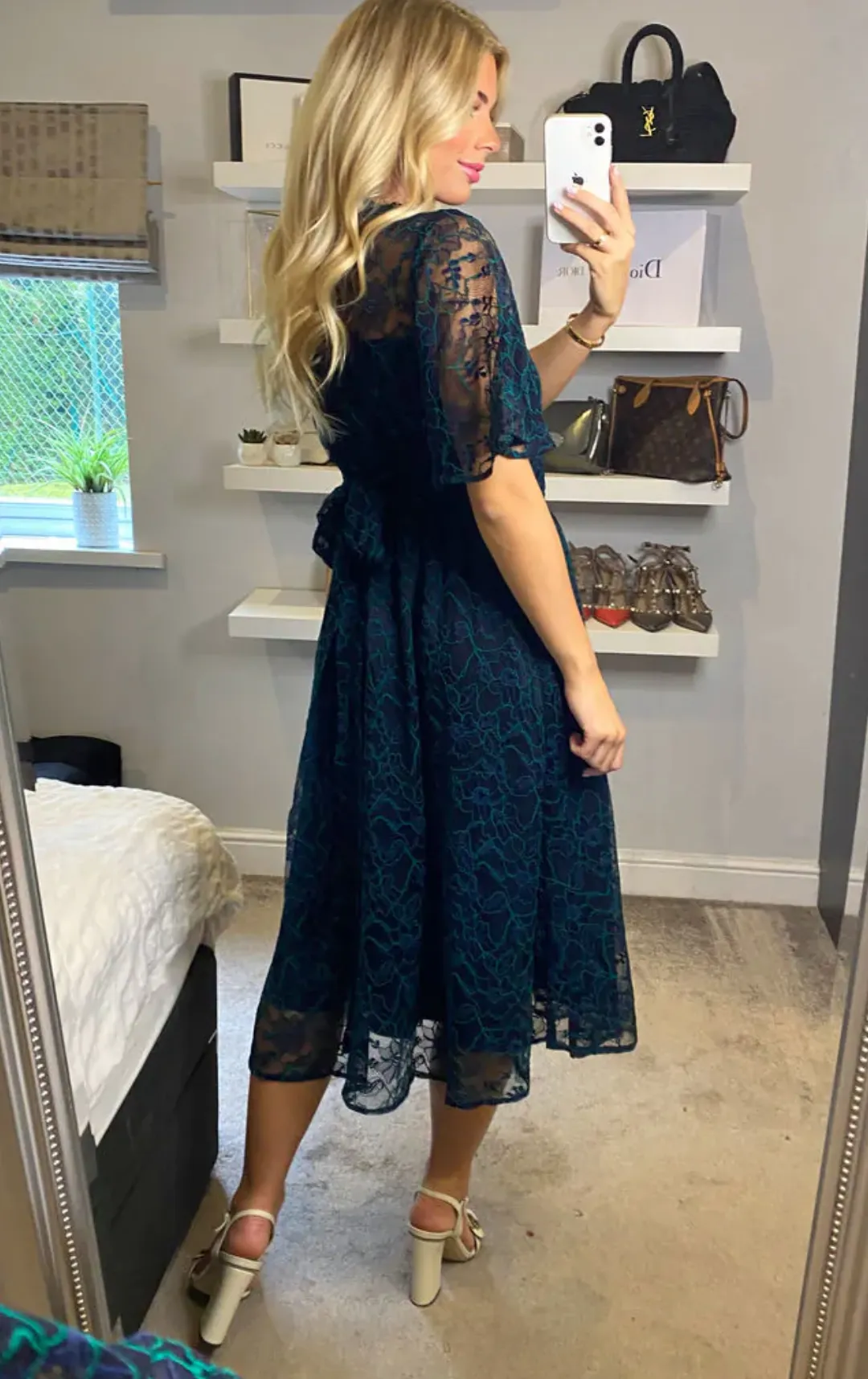 Jolie Moi Flare Sleeved Lace Midi Dress Navy