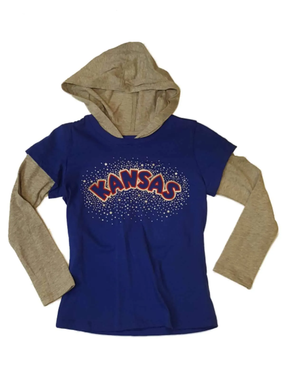 Kansas Jayhawks Colosseum Girls Blue Metallic Star Logo LS Hooded T-Shirt (XS)