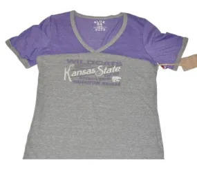 Kansas State Wildcats Blue 84 V-Neck Metallic Text Gray Womens T-Shirt