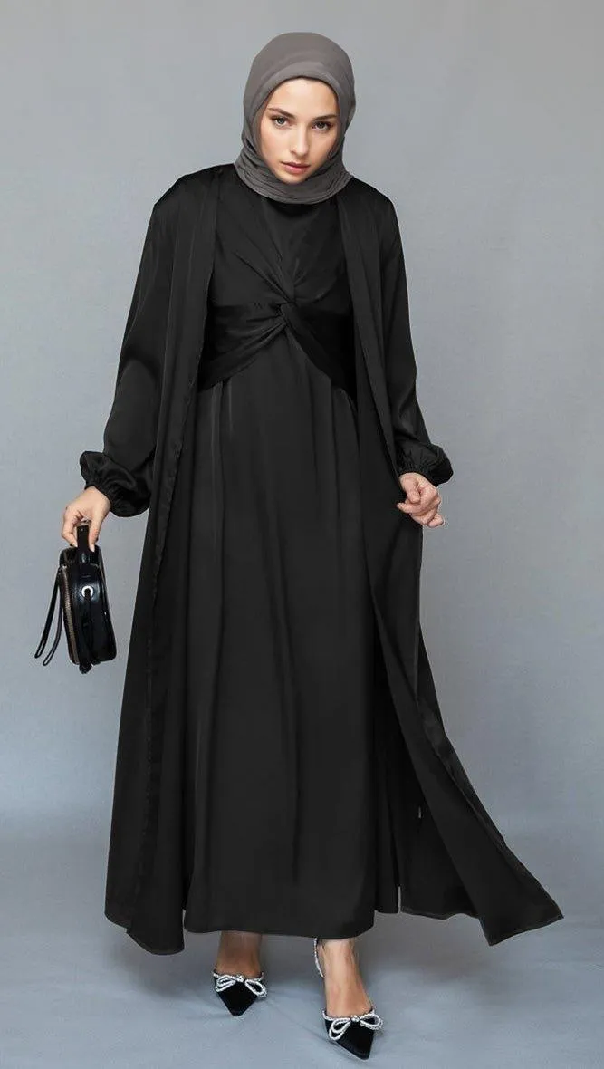 Khadijaa 2 piece luxury 2 piece abaya with wrap bodice in black