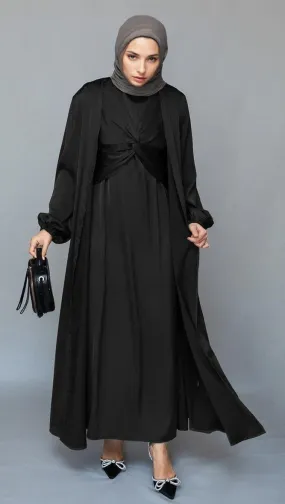 Khadijaa 2 piece luxury 2 piece abaya with wrap bodice in black