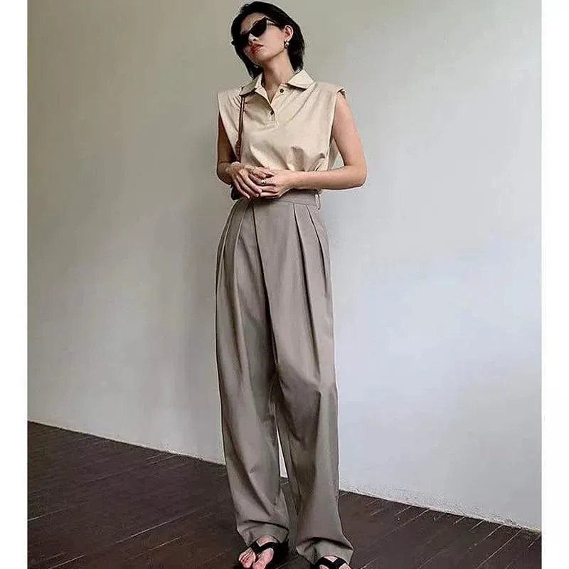 Khaki Wide Leg Women's Pantsuit Baggy Vintage Palazzo Office Elegant Trouser Work Pants