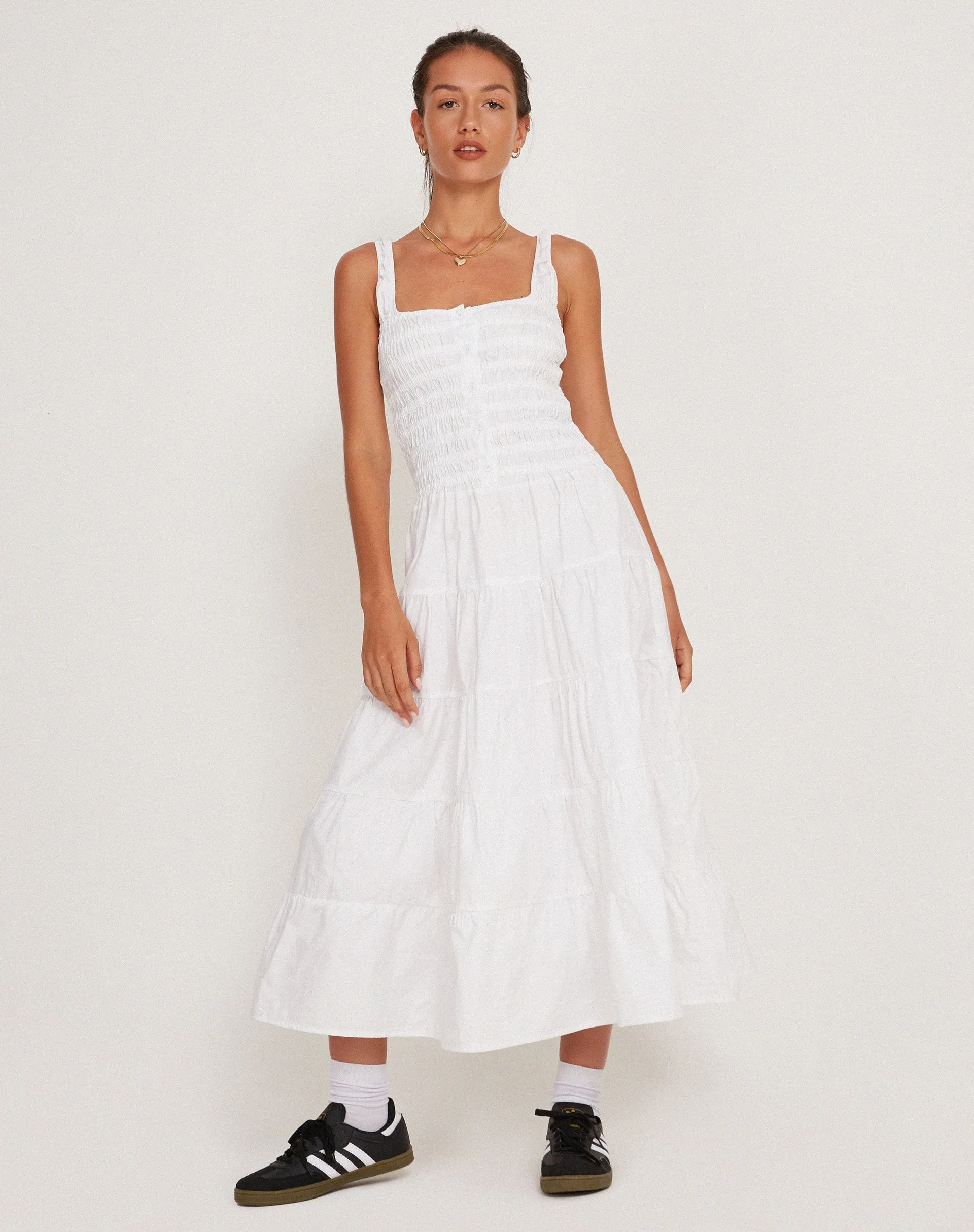 Koizumi Tiered Maxi Dress in Poplin White