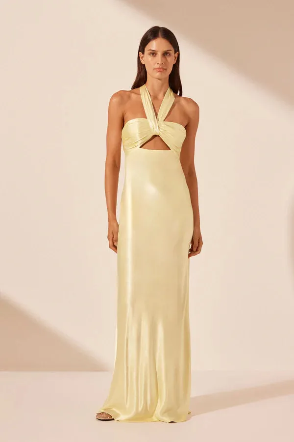 La Lune Ruched Halter Maxi Dress - Lemon