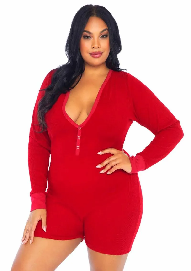 Leg Avenue Brushed Rib Romper Long Johns with Cheeky Snap Closure Back Flap