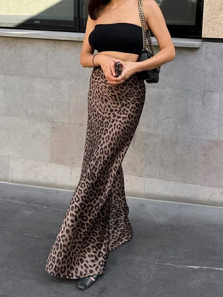 Leopard Print Zipper Long Skirt