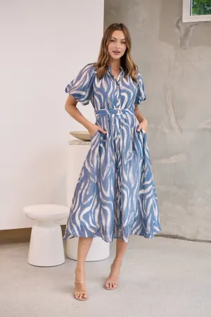 Liana Navy Blue Cream Print Puff Sleeve Button Front Midi Dress