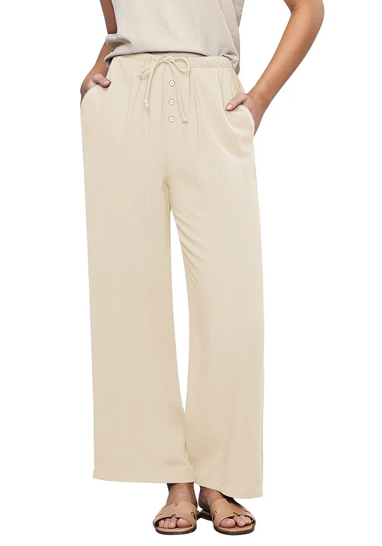 Light Beige Lightweight Casual Quick Dry Breathable Comfy Wide Leg Pant Elastic Waist