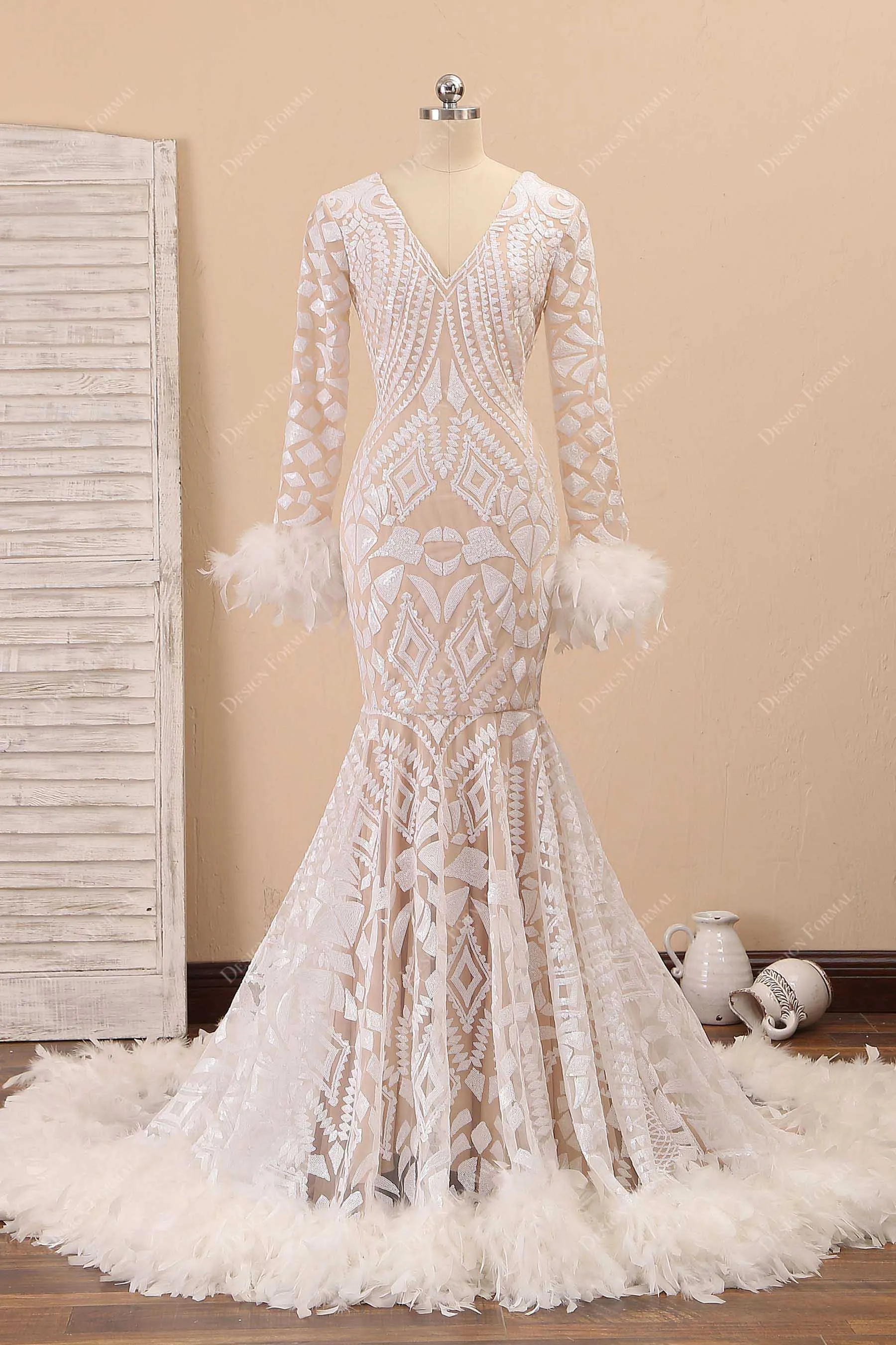 Light Ivory Sequin with Feather Sleeve Unique Trumpet Prom Dress