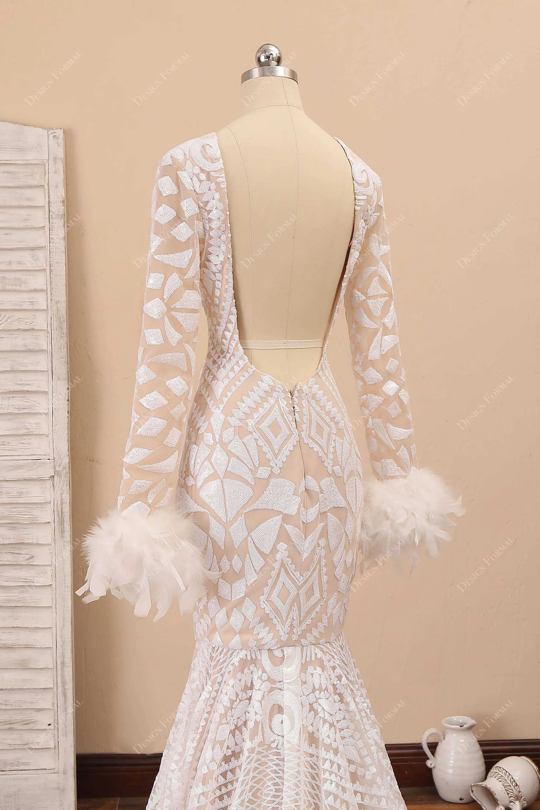 Light Ivory Sequin with Feather Sleeve Unique Trumpet Prom Dress